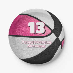 pink black basketball girls sports party paper plate