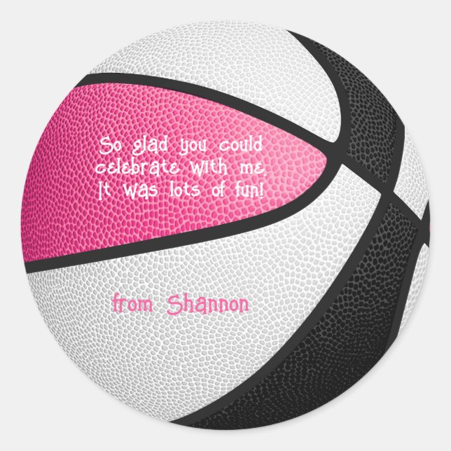 pink black basketball girls sports party thank you classic round sticker (Front)