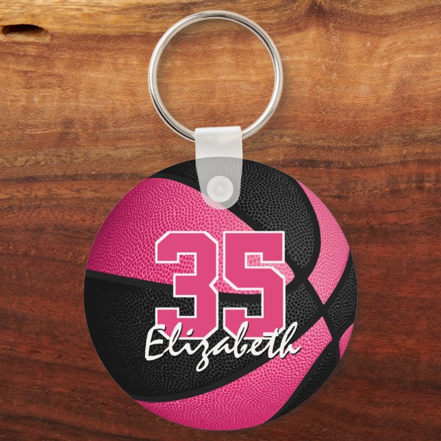 pink black basketball sports team jersey number key ring (Front)