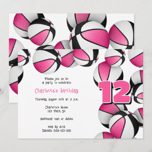 pink black basketballs girls birthday party invitation