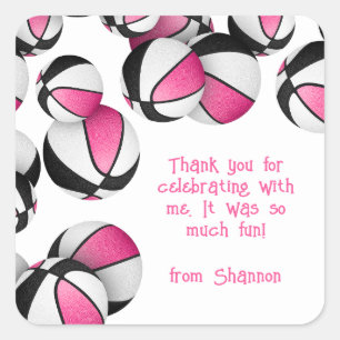 pink black basketballs girls sports birthday party square sticker