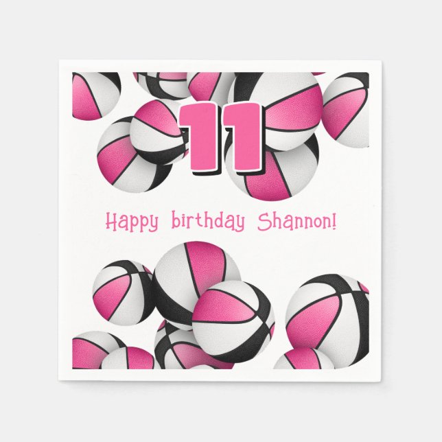 pink black basketballs kids birthday party napkin (Front)
