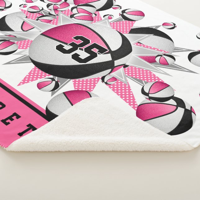 pink black basketballs stars girls sports room sherpa blanket (3/4)