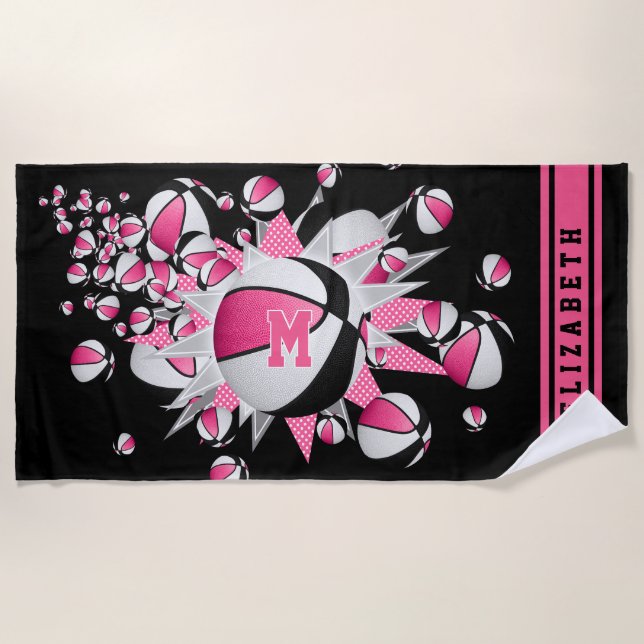 pink black basketballs stars her name monogrammed beach towel (Front)