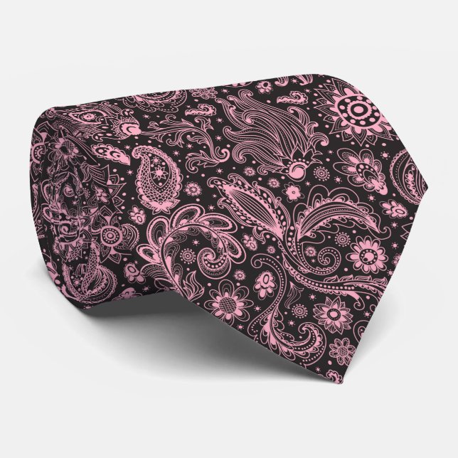 Pink black batik boho style floral paisley pattern tie (Rolled)