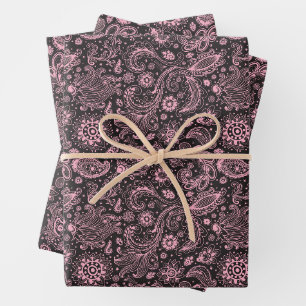 Pink black batik boho style floral paisley pattern wrapping paper sheet