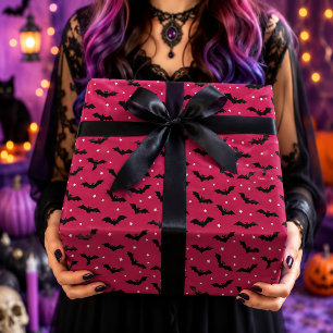 Pink & Black Bats Halloween Pattern Wrapping Paper