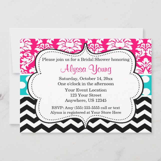 Pink Black Blue Chevron Damask Invitation (Front)