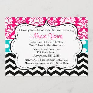 Pink Black Blue Chevron Damask Invitation