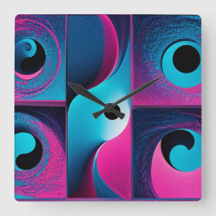Pink Black Blue Geometric Square Wall Clock