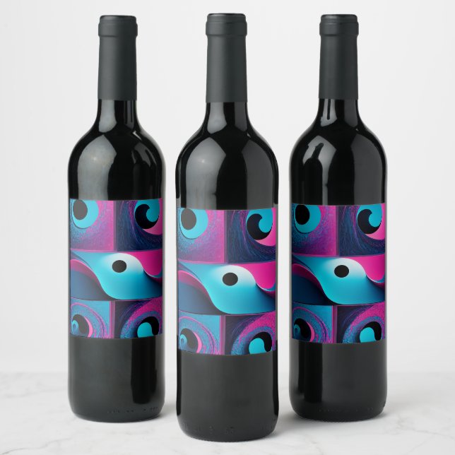 Pink Black Blue Geometric  Wine Label (Bottles)