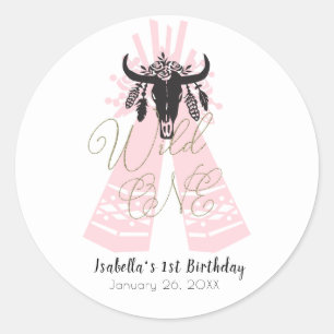 Pink & Black Boho Wild ONE Girls Birthday Party Classic Round Sticker