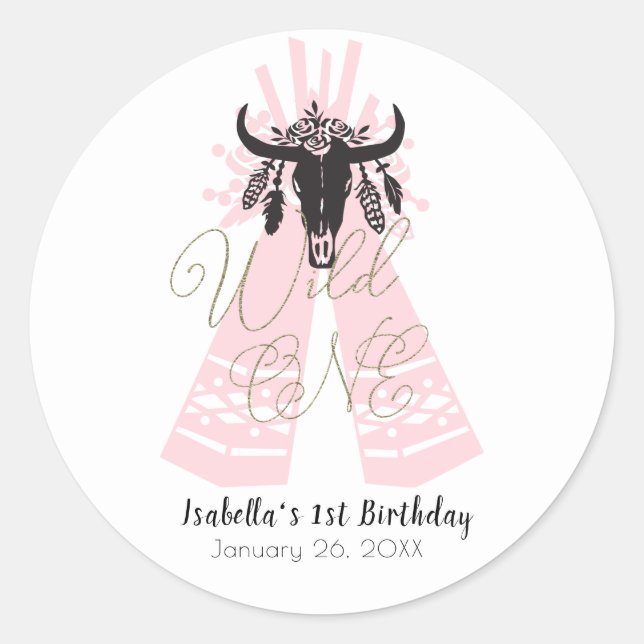 Pink & Black Boho Wild ONE Girls Birthday Party Classic Round Sticker (Front)
