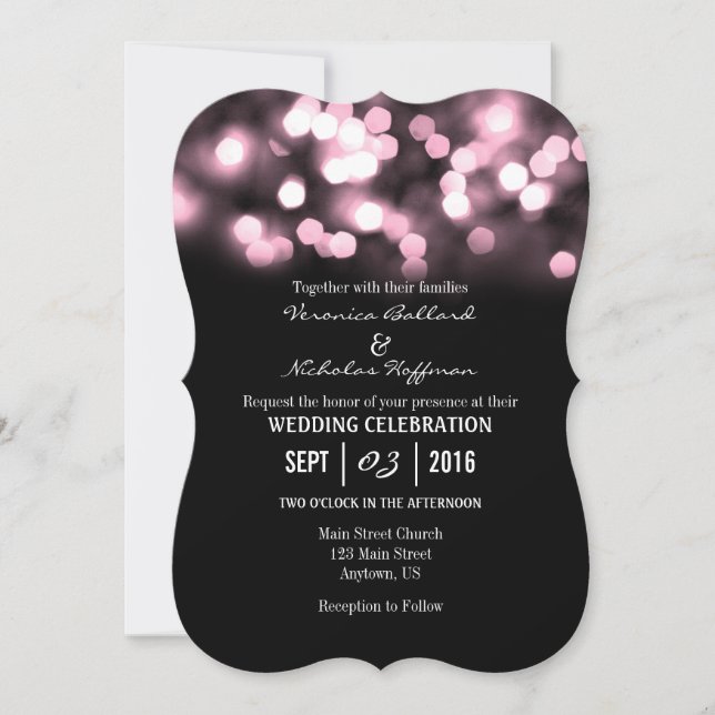 Pink Black Bokeh Glitter Lights Wedding Invites (Front)