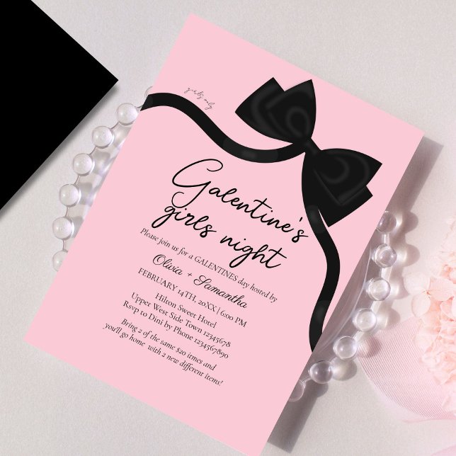 Pink Black bow Galentine's girl night Valentine Invitation (Creator Uploaded)