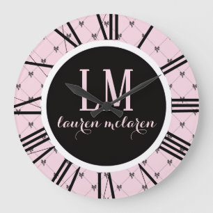 Pink & Black Bow Monogram Large Clock