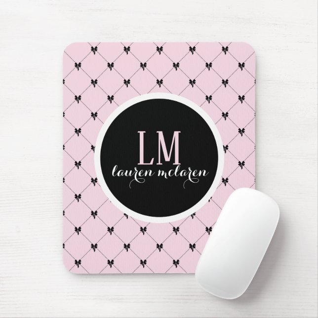 Pink & Black Bow Monogram Mouse Mat (With Mouse)