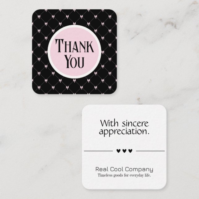 Pink & Black Bow Monogram Thank You Card (Front/Back)