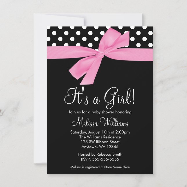 Pink Black Bow Polka Dot Baby Shower Invitations (Front)