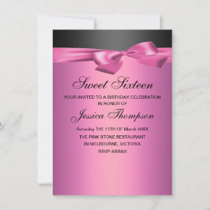 Pink & Black Bow Sweet 16 Birthday Invitation