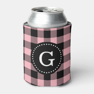 Pink Black Buffalo Check Plaid 1I Monogram Can Cooler