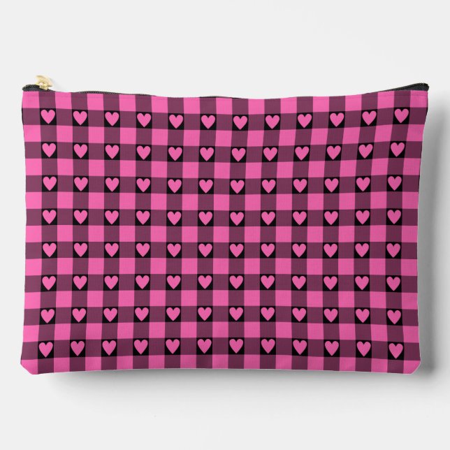 Pink Black Buffalo Heart Plaid Accessory Pouch (Front)