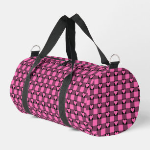 Pink Black Buffalo Heart Plaid Duffle Bag