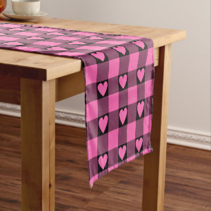 Pink Black Buffalo Heart Plaid Table Runner