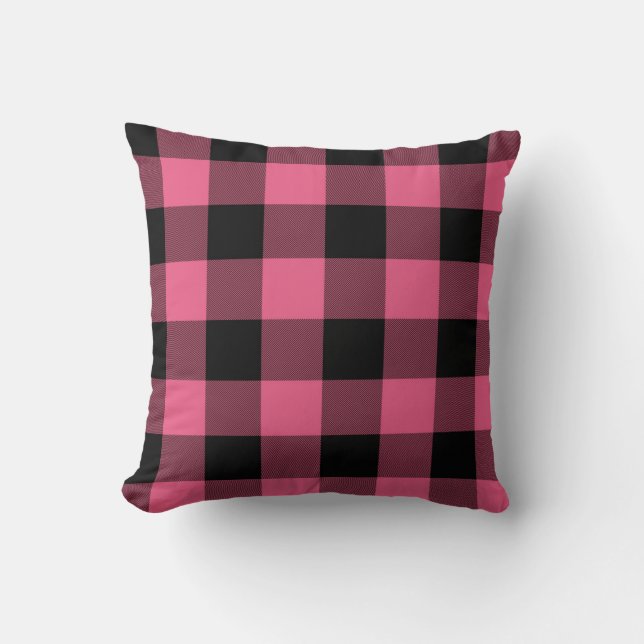 Pink & Black Buffalo Plaid Chequered Rustic Cushion (Front)