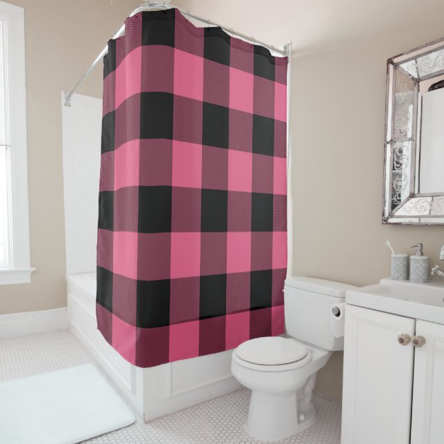 Pink & Black Buffalo Plaid Chequered Rustic Shower Curtain (In Situ)