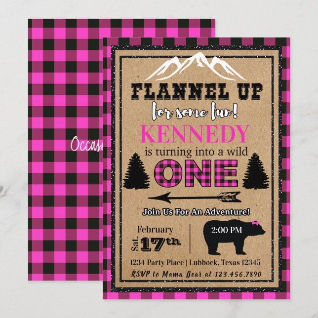 Pink Black Buffalo Plaid Girl Birthday Invitation (Front/Back)