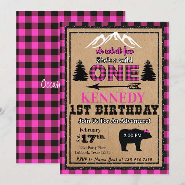 Pink Black Buffalo Plaid Girl Birthday Invitation (Front/Back)