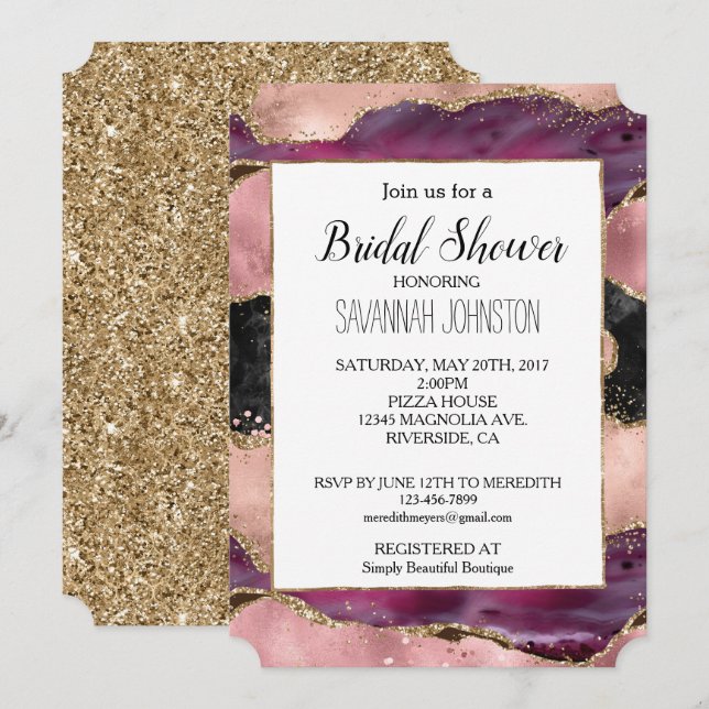 Pink Black Burgundy Gold Bridal Shower Invitation (Front/Back)