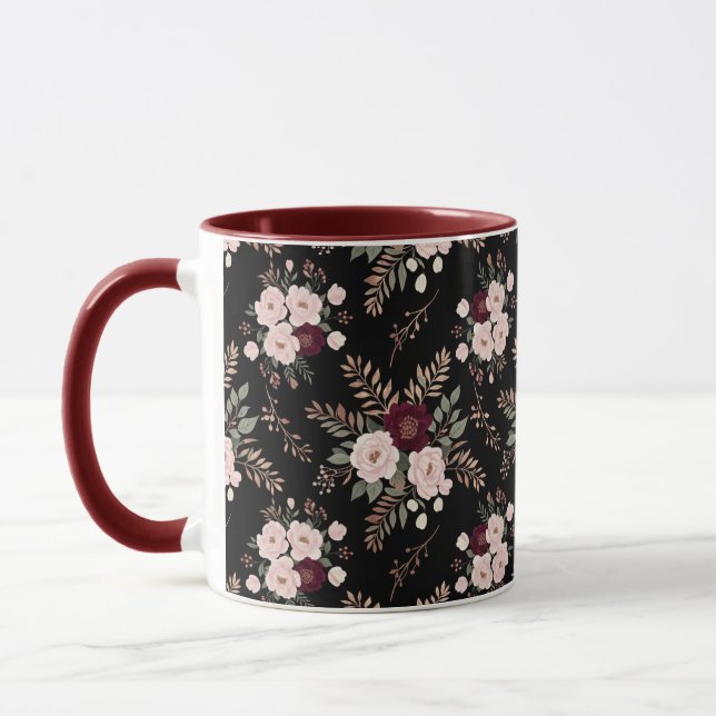 Pink Black Burgundy Watercolor Florals Mug (Left)