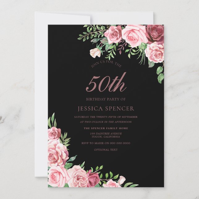 Pink Black & Burgundy Womans 50th Birthday Party Invitation (Front)