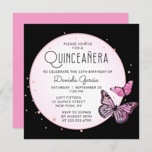 Pink Black Butterflies Stars Modern Quinceañera Invitation