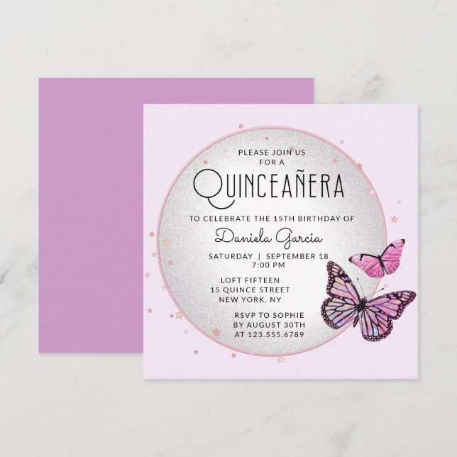 Pink Black Butterflies Stars Modern Quinceañera Invitation (Front/Back)