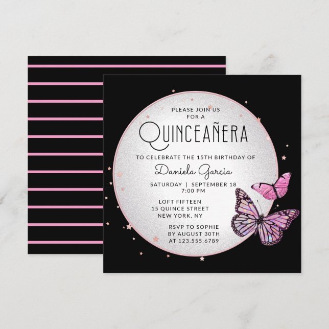 Pink Black Butterflies Stars Modern Quinceañera Invitation (Front/Back)