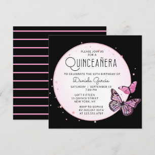 Pink Black Butterflies Stars Modern Quinceañera Invitation