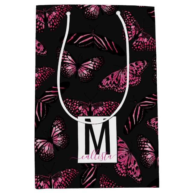 Pink Black Butterflies Watercolor Pattern Monogram Medium Gift Bag (Front)