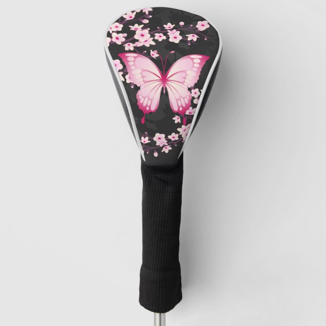 Pink Black Butterfly And Cherry Blossoms Golf Head Cover (Front)