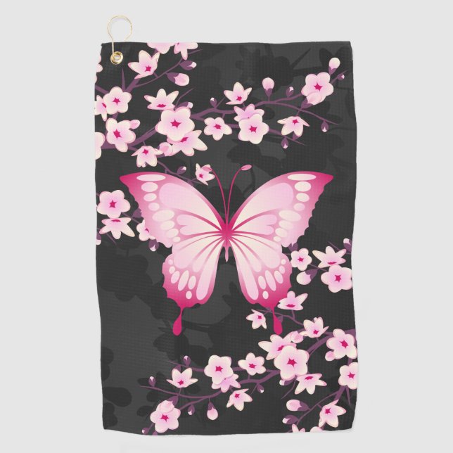 Pink Black Butterfly And Cherry Blossoms Golf Towel (Front)