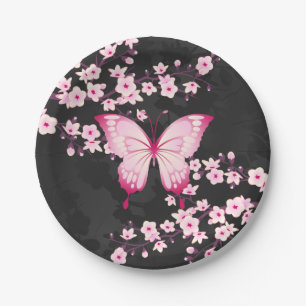 Pink Black Butterfly And Cherry Blossoms Paper Plate
