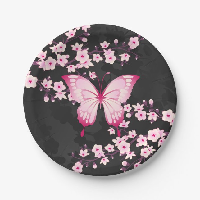 Pink Black Butterfly And Cherry Blossoms Paper Plate (Front)