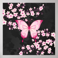 Pink Black Butterfly And Cherry Blossoms