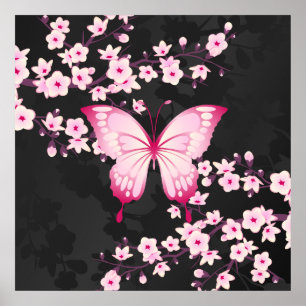 Pink Black Butterfly And Cherry Blossoms Poster