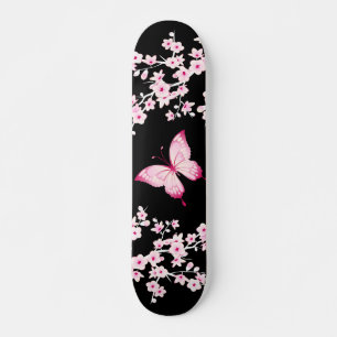 Pink Black Butterfly And Cherry Blossoms  Skateboard
