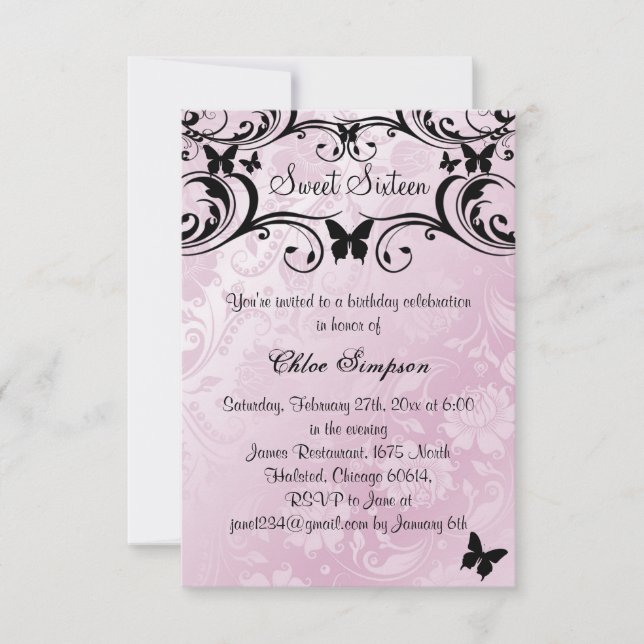 Pink & Black Butterfly & Flower Sweet16 Invitation (Front)