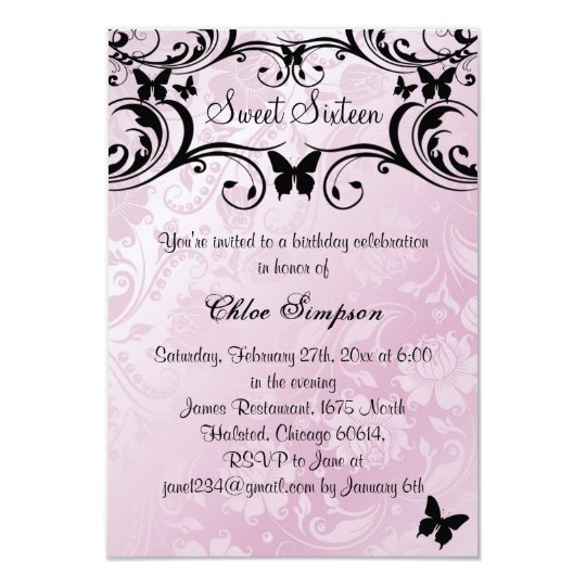 Pink & Black Butterfly & Flower Sweet16 Invitation