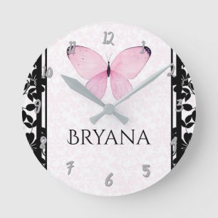 Pink & Black Butterfly Nursery Room Personalised Round Clock